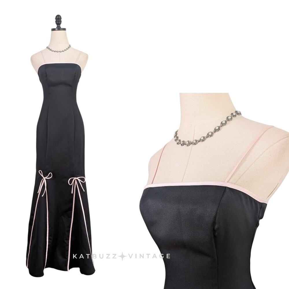 Vintage Prom Dress Maxi Gown Black 2 White Coquette Bow Mermaid Glam 90S Y2K